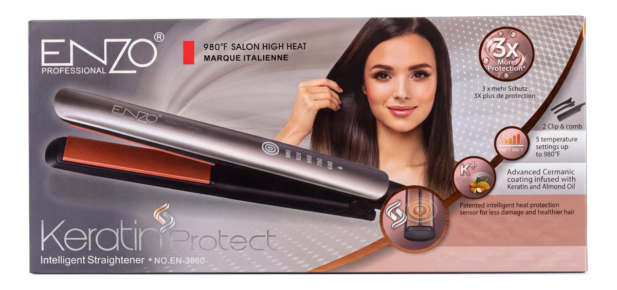 Boîte argent du lisseur ENZO Keratin Protect, modèle EN-3860