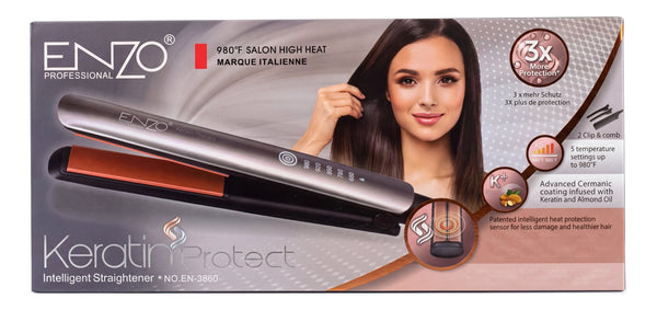 Boîte argent du lisseur ENZO Keratin Protect, modèle EN-3860